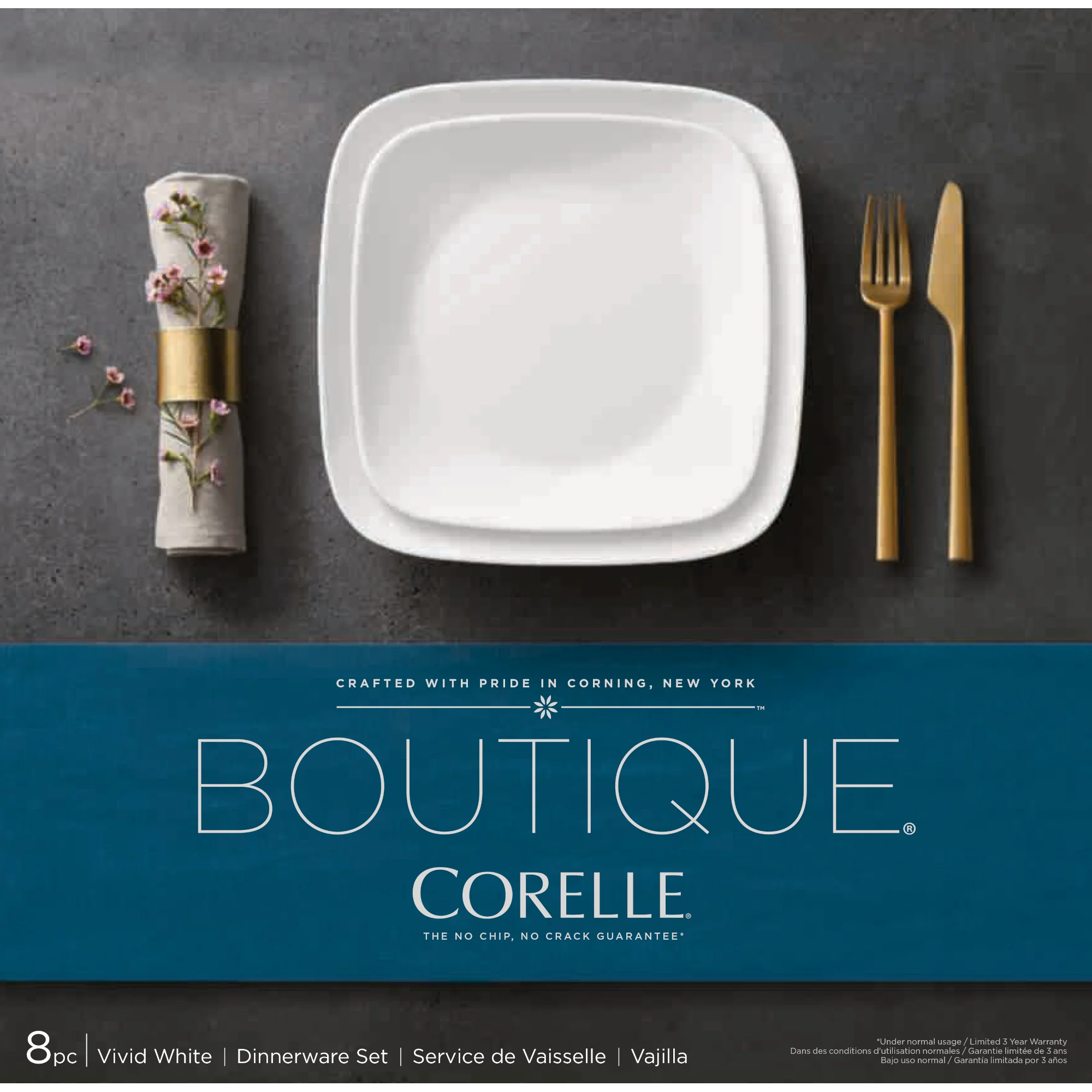 Corelle® Boutique Vivid White 8-piece Dinnerware Set, Service for 4