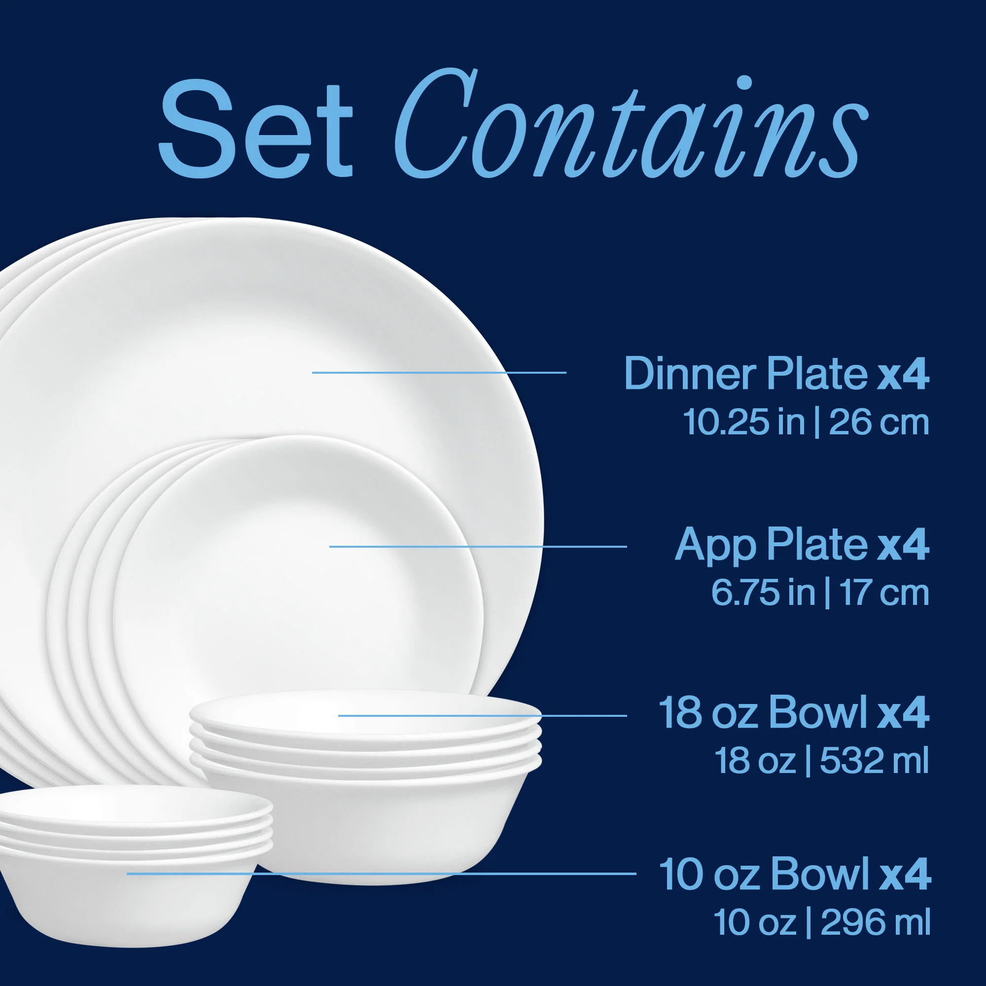 Corelle® Winter Frost White 16-piece Mugless Dinnerware Set, Service for 4