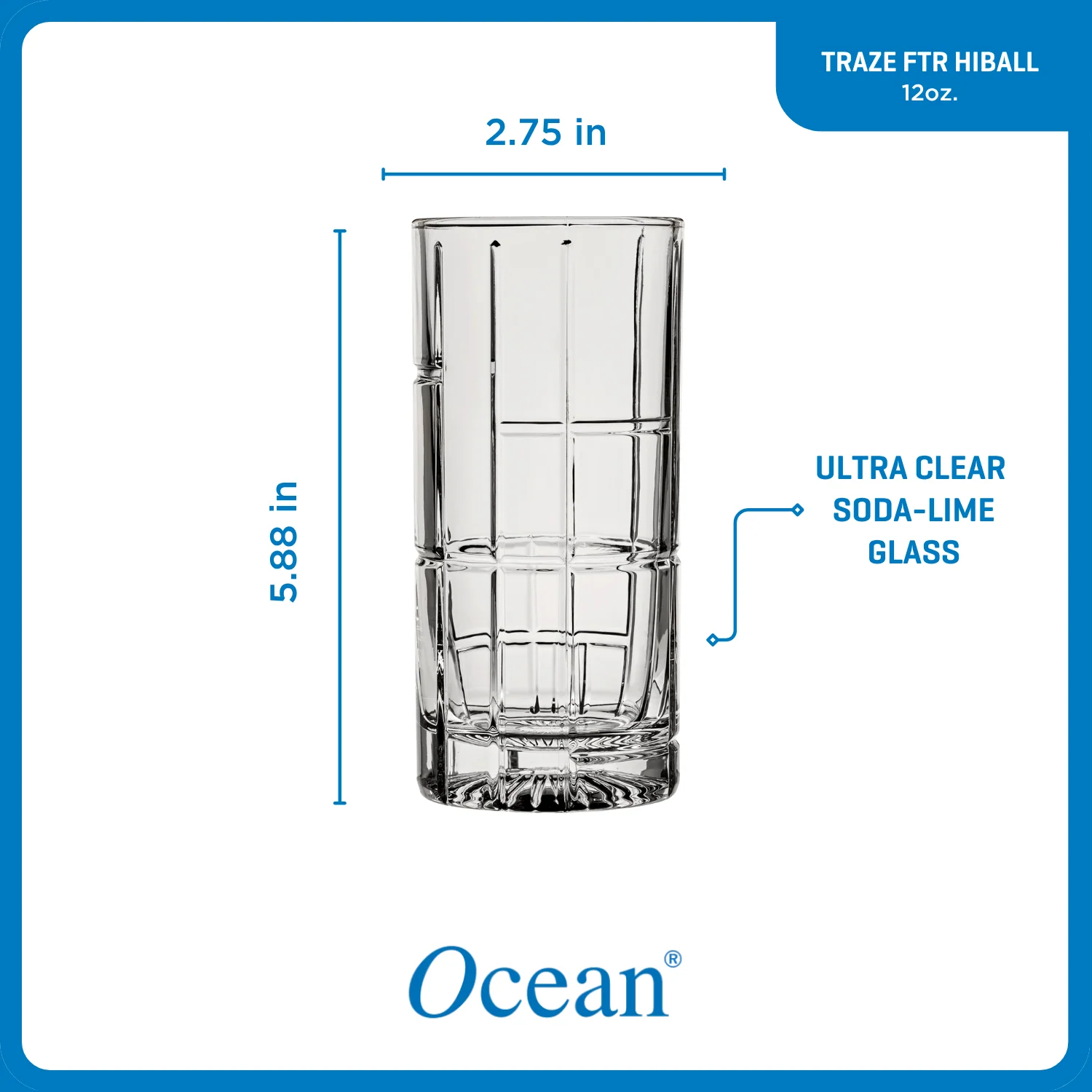 Ocean Glass Traze FTR Highball Glasses (4-Pieces), 12-ounce, Dishwasher Safe